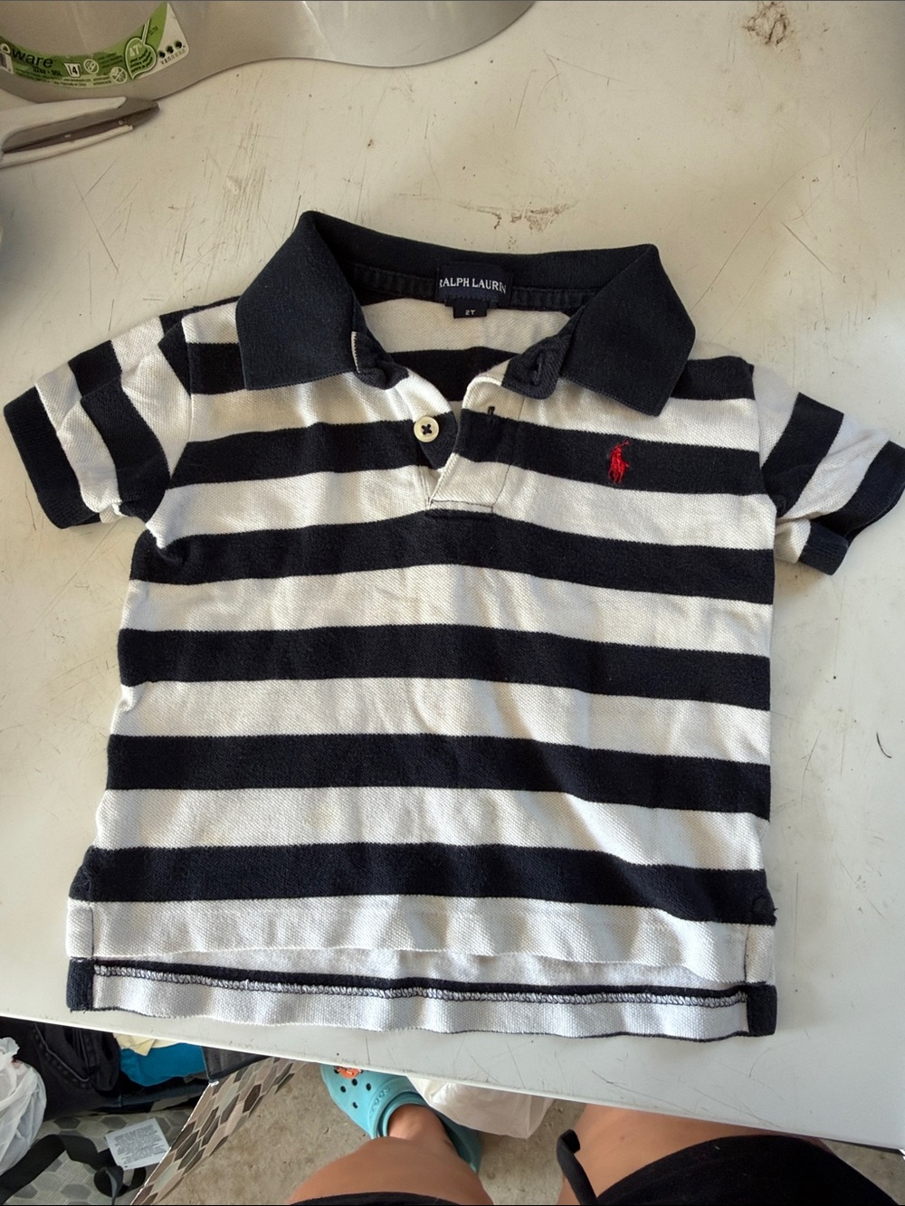 Ralph Lauren Navy and White Striped Polo with Red Pony